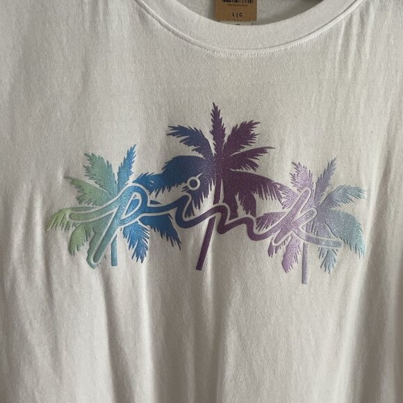PINK Victorias Secret Women L Optic White Shine Logo Palm Trees Everyday Tee NWT - Picture 3 of 9